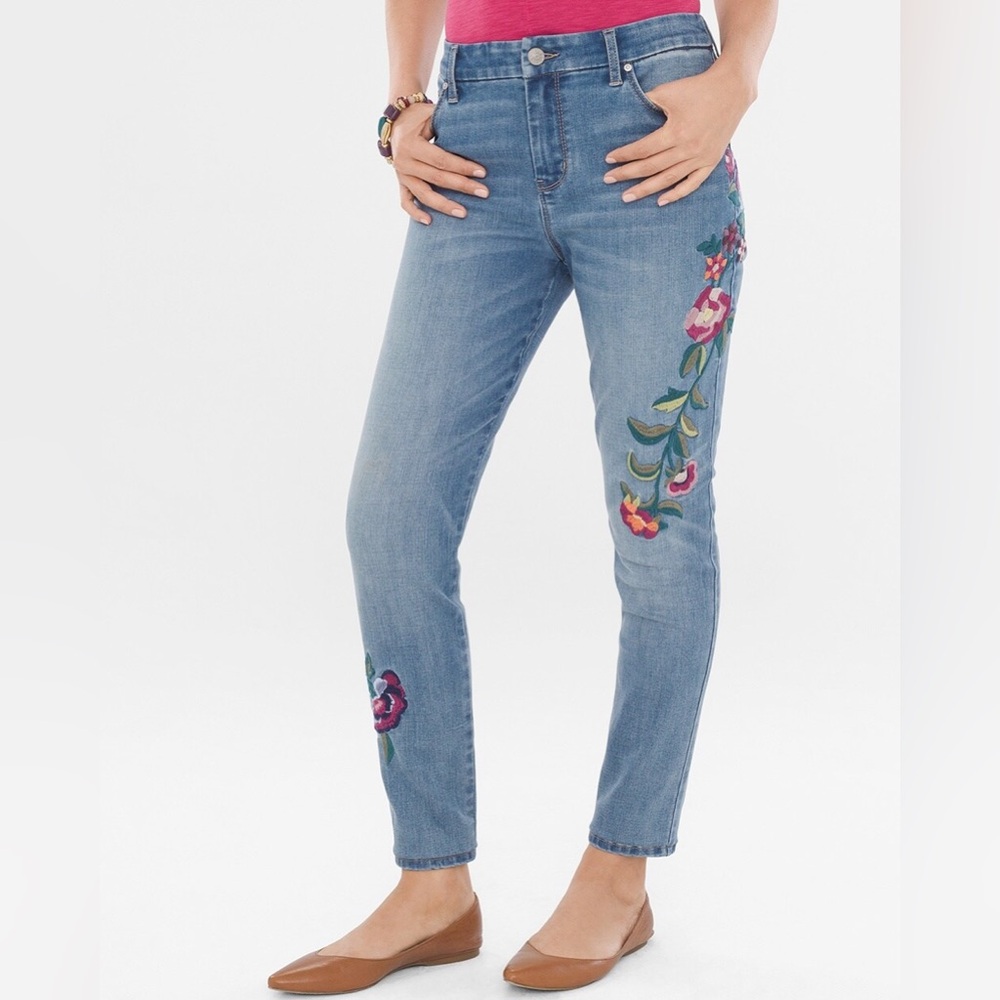 CHICO’S So Slimming Floral-Embroidered Girlfriend Ankle Jeans